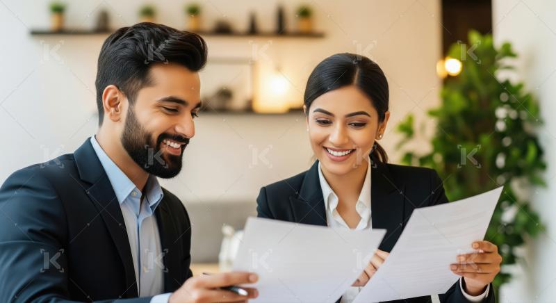 A professional man and woman in business attire smile and collab