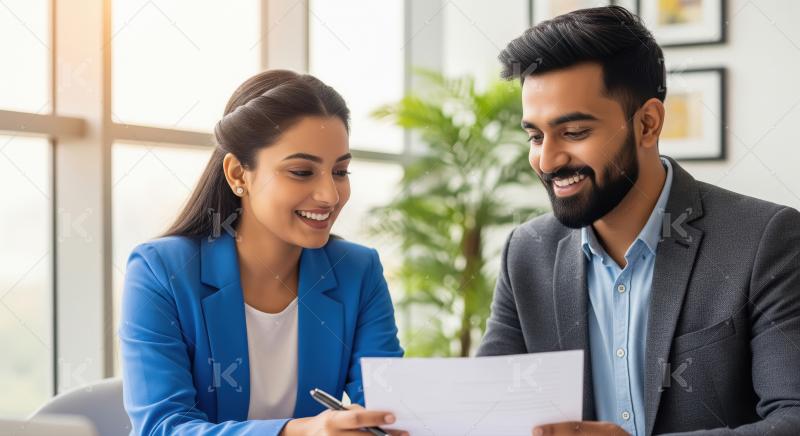 A professional man and woman in business attire smile and collab