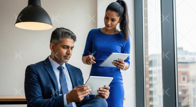 A professional man and woman in business attire smile and collab