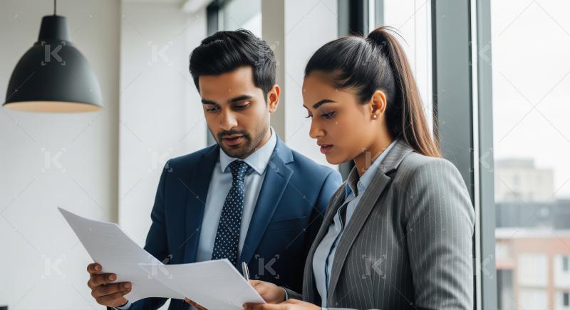 A professional man and woman in business attire smile and collab