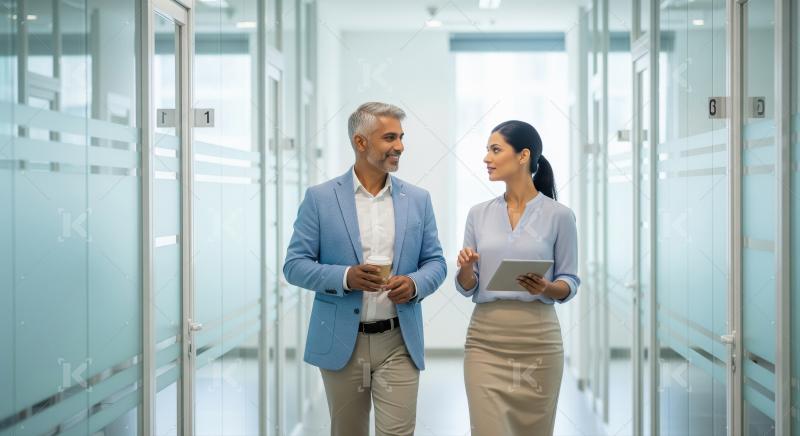 A senior Indian businessman and a female colleague walk together