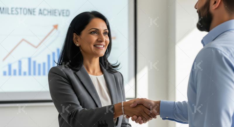 A confident professional woman smiles and shakes hands with a bu