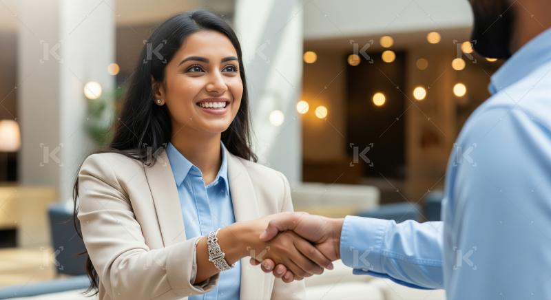 A confident professional woman smiles and shakes hands with a bu