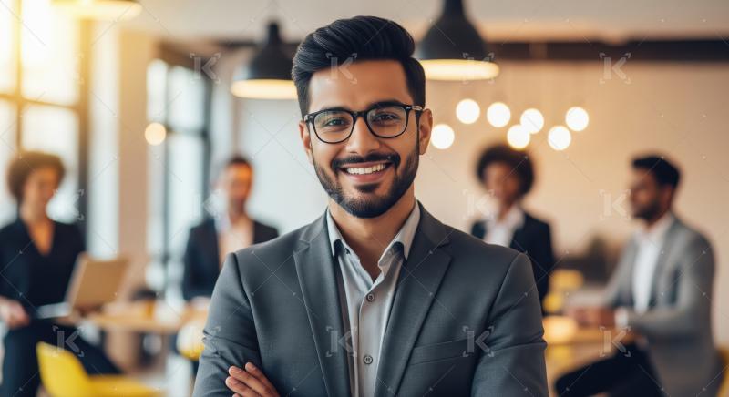 A confident young Indian businessman stands in a modern office w