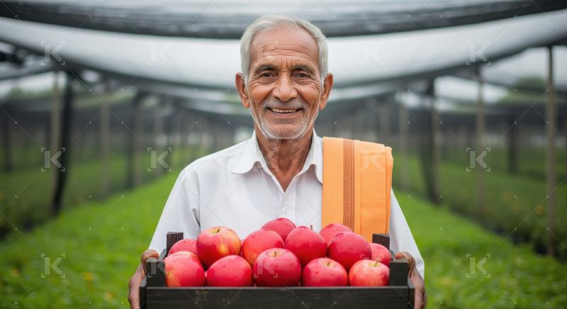 Elderly Indian farmer stands and holding a crate full of freshly