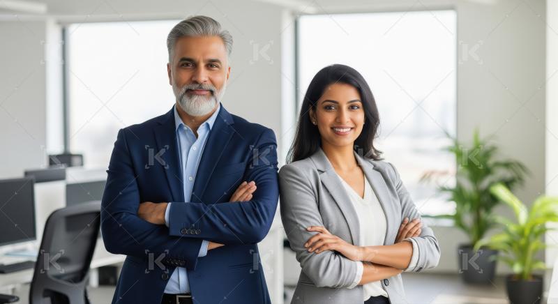 A professional Indian man and woman stand confidently with arms