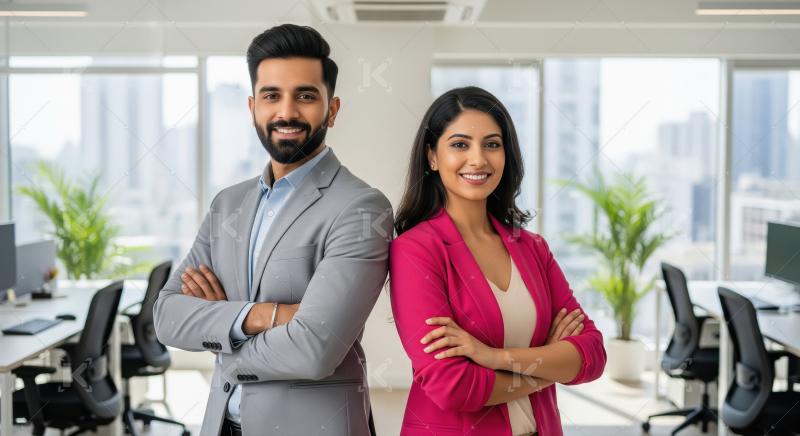 A professional Indian man and woman stand confidently with arms