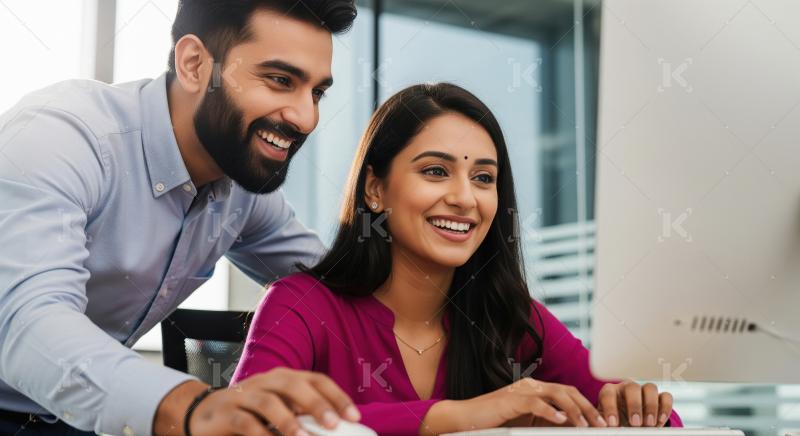 A male employee assists a female colleague at her computer desk