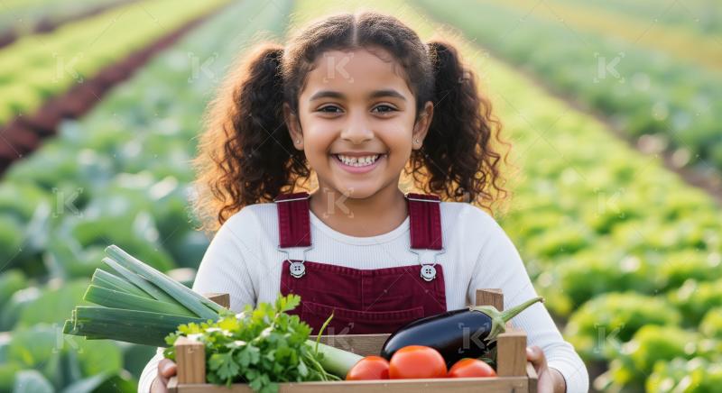 A cheerful young girl with curly hair in overalls stands in a lu