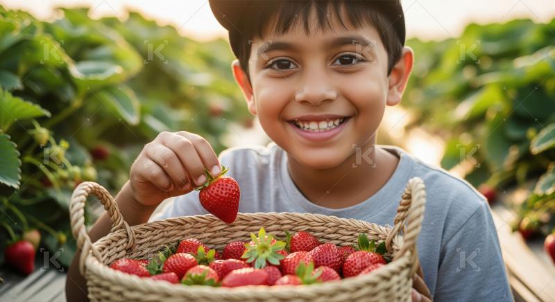 A smiling Indian boy sits in a strawberry field, proudly holding