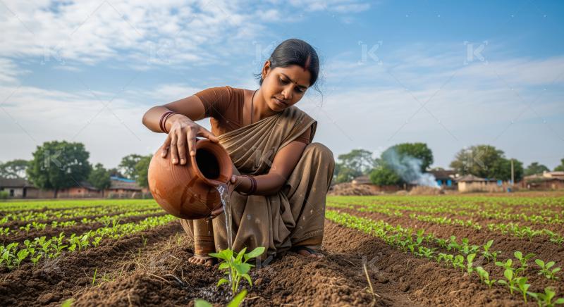 A woman in a traditional sari uses a clay pot to water young cro