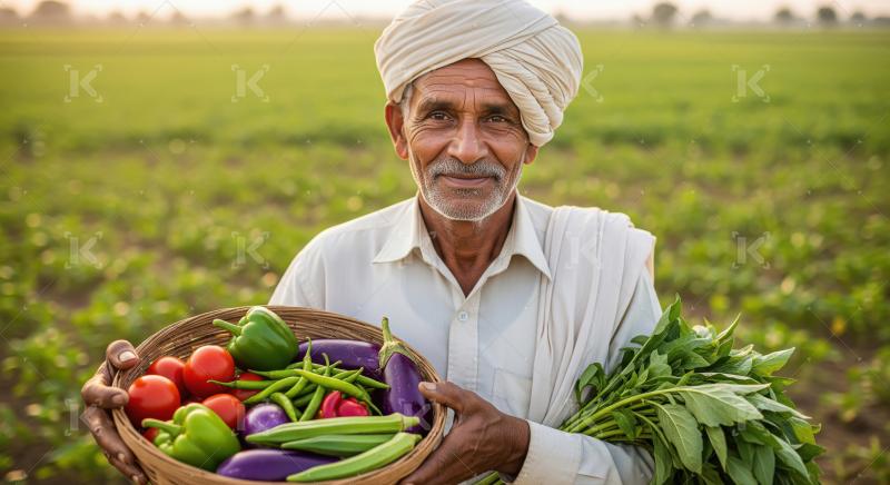 An elderly farmer in a turban holds fresh greens and a basket of