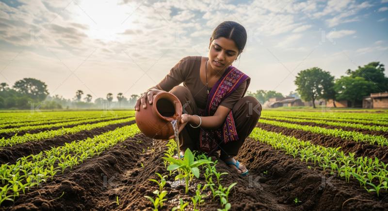 A woman in a traditional sari uses a clay pot to water young cro