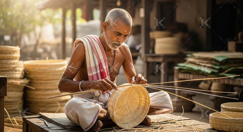 Elderly Indian artisan sits skillfully weaving a traditional bam