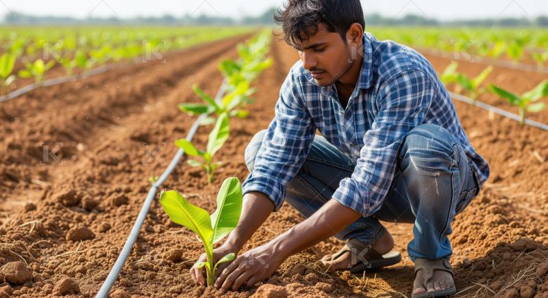 A young Indian farmer planting a fresh banana sapling by hand in