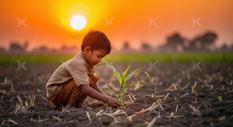 Child gently plants a green seedling in the soft soil at sunset