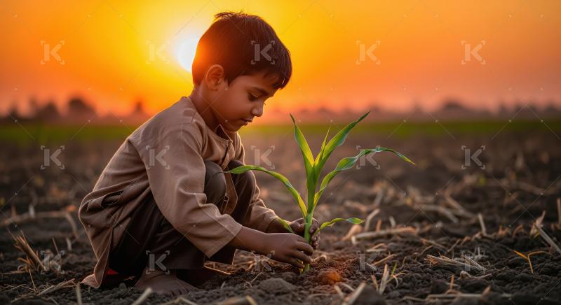 Child gently plants a green seedling in the soft soil at sunset