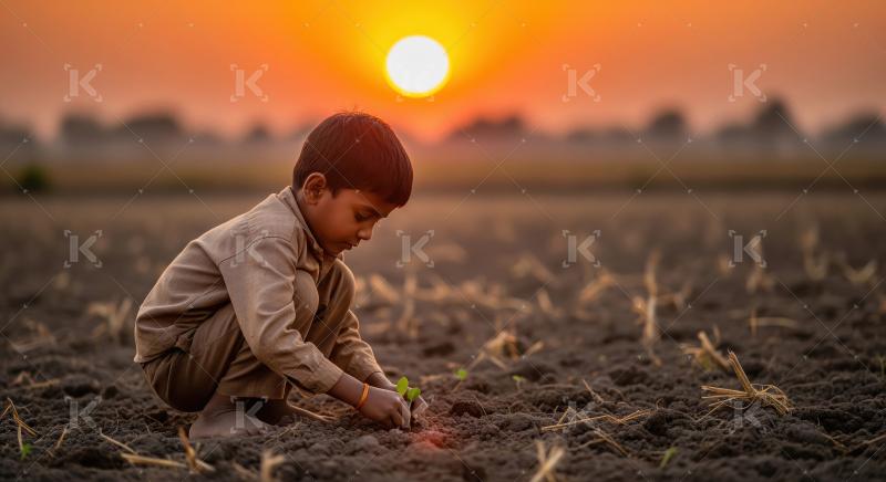 Child gently plants a green seedling in the soft soil at sunset
