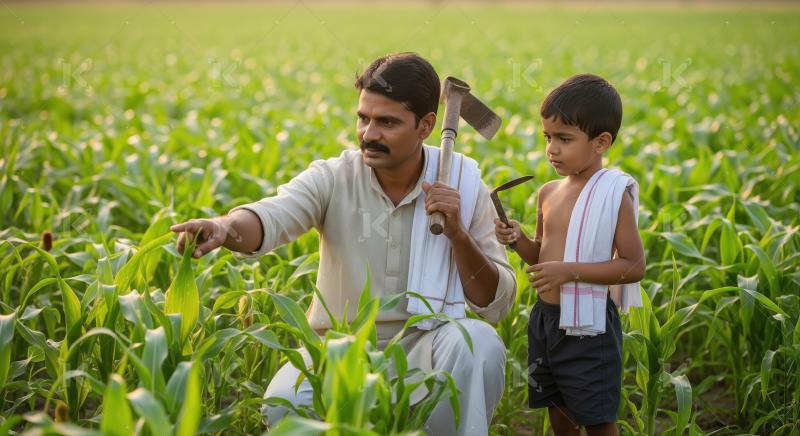 Indian farmer teaches his young son about cultivating corn in a