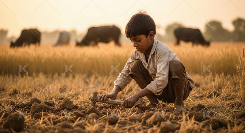 A little boy works with a traditional farming tool in a sunlit r