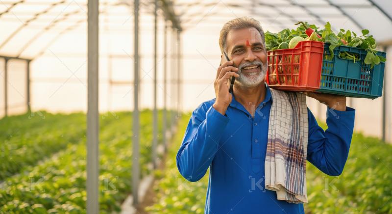 An elderly farmer in a turban holds fresh greens and a basket of