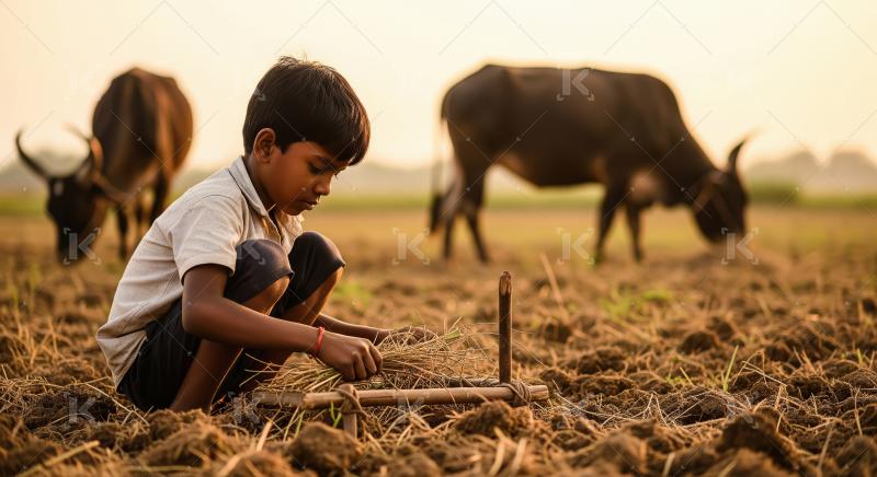 A little boy works with a traditional farming tool in a sunlit r