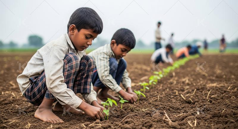 A little boy works with a traditional farming tool in a sunlit r