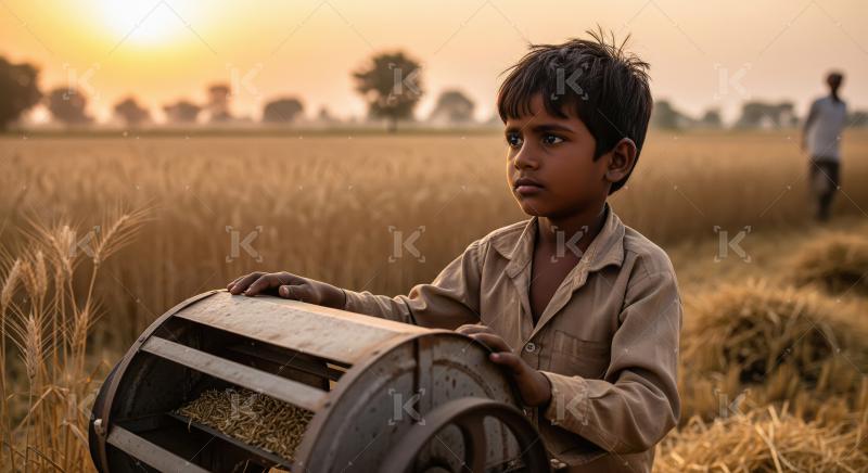 Boy stands in a golden wheat field holding stalks, as another ch