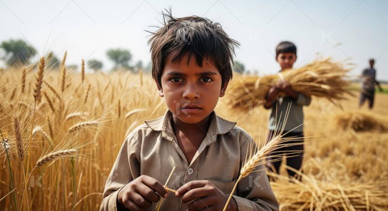 Boy stands in a golden wheat field holding stalks, as another ch
