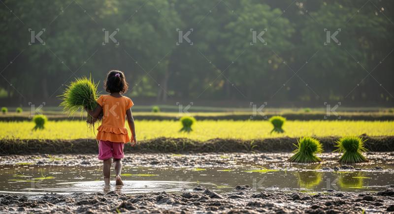 A little carrying freshly uprooted rice paddy at agriculture fie