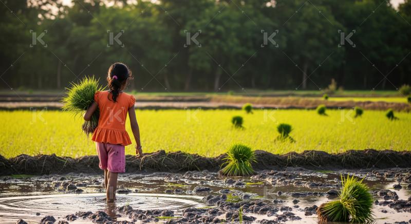 A little carrying freshly uprooted rice paddy at agriculture fie