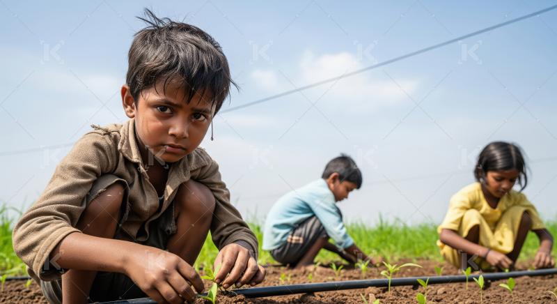 Indian little boy working at green agriculture field