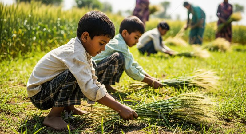 Indian little boy working at green agriculture field