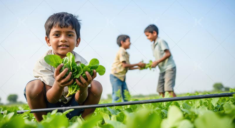Indian little boy working at green agriculture field