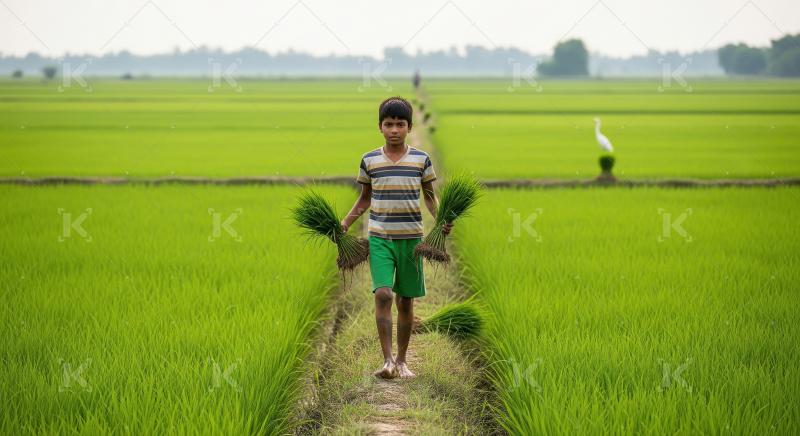 Indian little boy working at green agriculture field