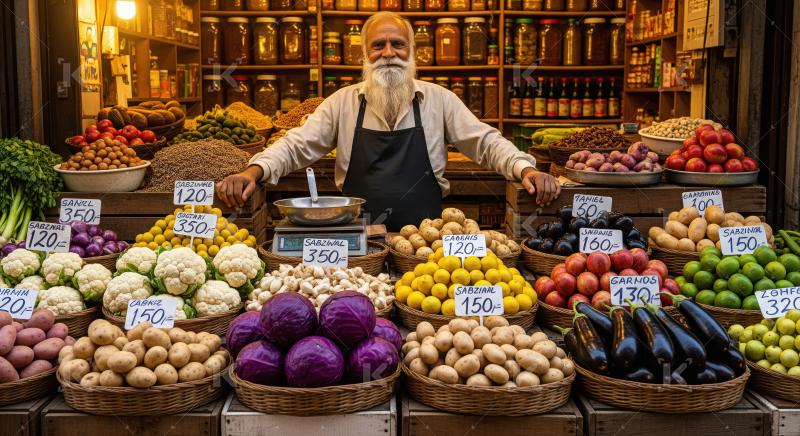 Elderly vendor in a black apron stands behind a vibrant market s