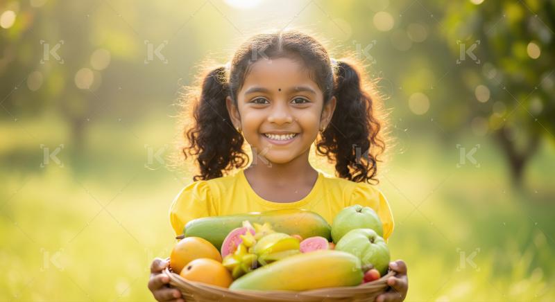 A cheerful indian girl with pigtails holds a basket full of fres