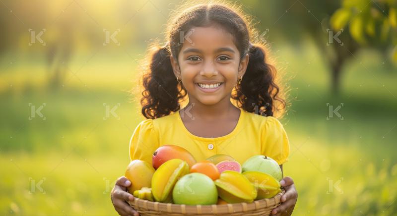 A cheerful indian girl with pigtails holds a basket full of fres