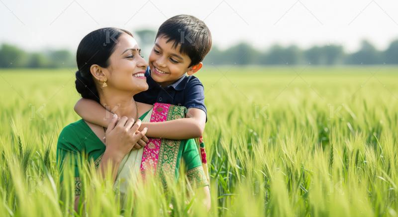 A mother in a green sari stands lovingly in a wheat field while