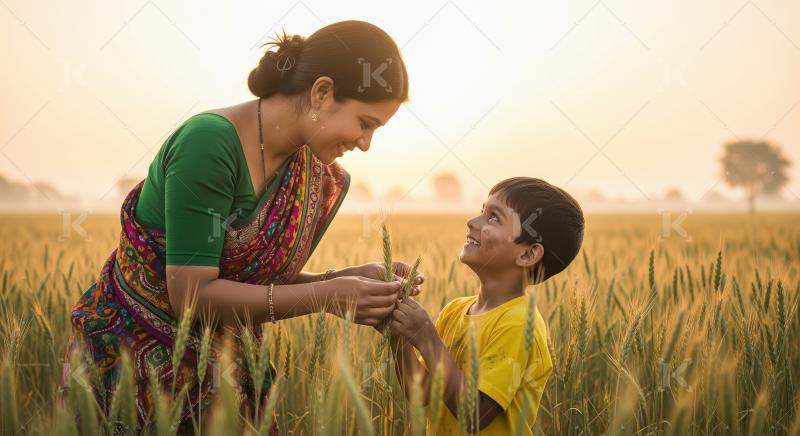 A mother in a green sari stands lovingly in a wheat field while