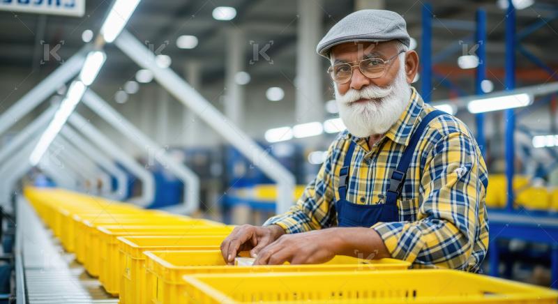 Elderly factory worker in plaid shirt and cap efficiently sorts