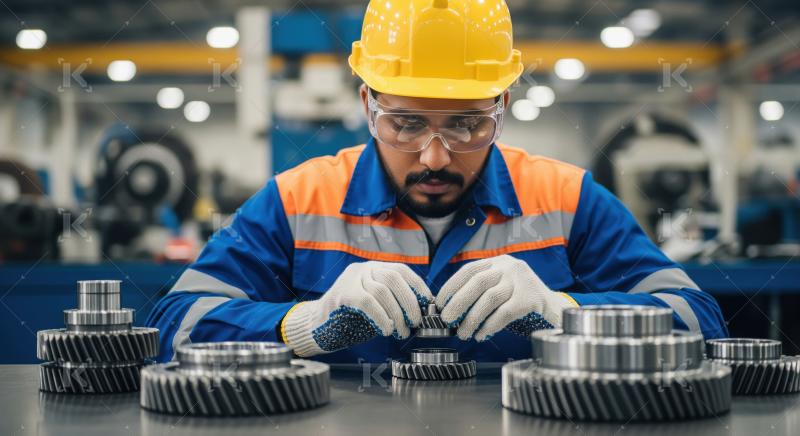 An industrial worker wearing a safety helmet and gloves carefull