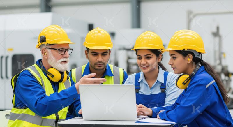 A group of engineers and workers wearing safety helmets and vest