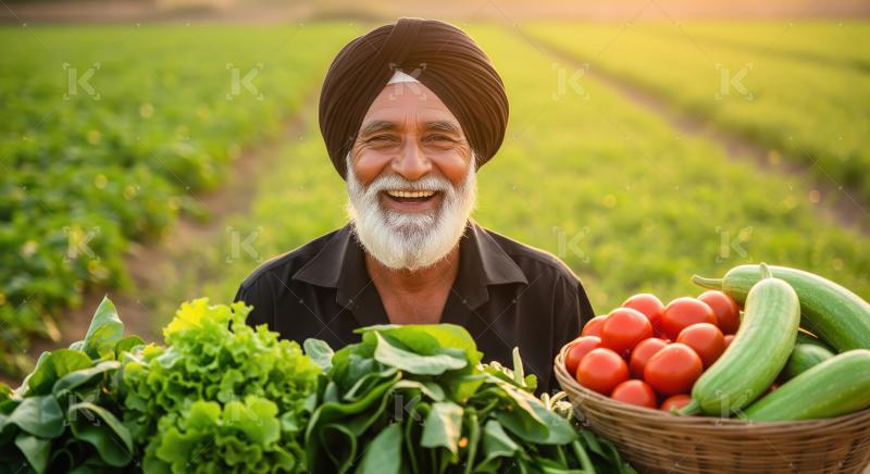 An elderly farmer in a turban holds fresh greens and a basket of