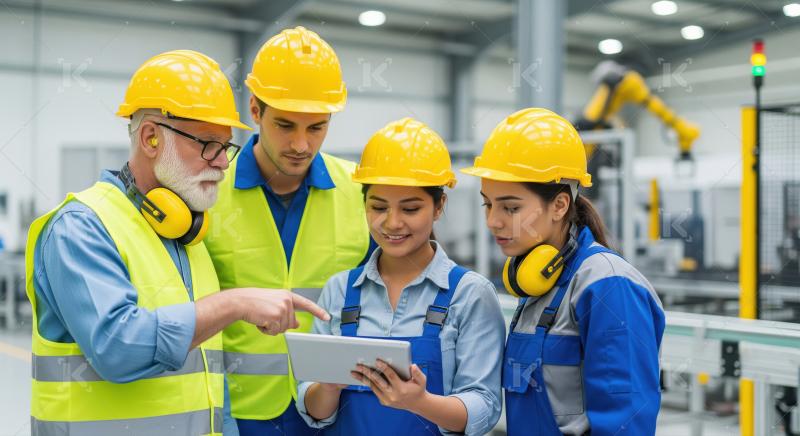 A group of engineers and workers wearing safety helmets and vest