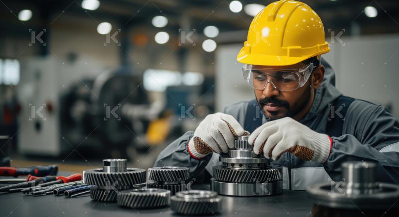 An industrial worker wearing a safety helmet and gloves carefull
