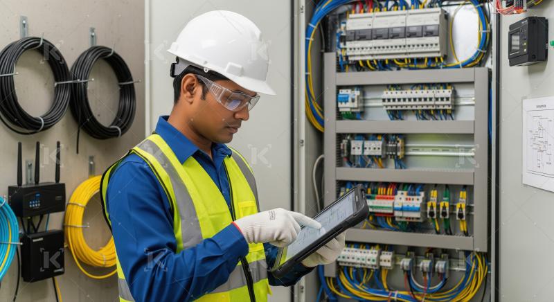 A factory supervisor uses a digital tablet to analyze production