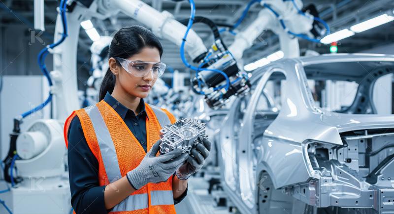 A female worker wearing a yellow safety helmet and blue uniform