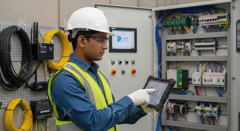 A factory supervisor uses a digital tablet to analyze production