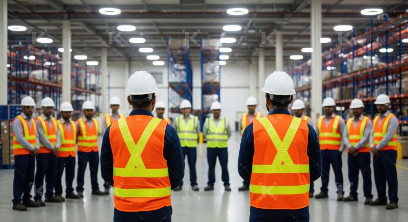 A large group of warehouse workers in safety vests and helmets s